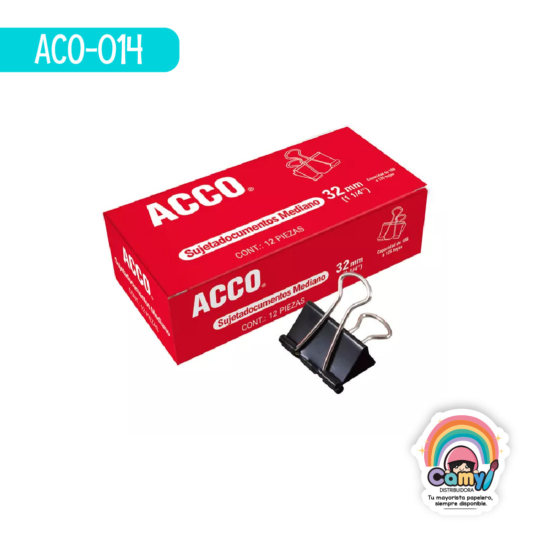 ACO-014 SUJETADOCUMENTOS ACCO MEDIANO 32 MM 12 PIEZAS