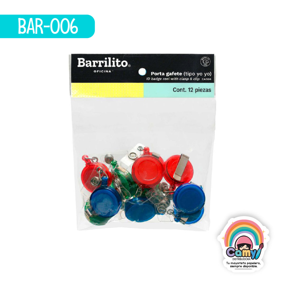 BAR-006 BROCHE BARRILITO RETRÁCTIL YO-YO BOLSA C/12 CAI504