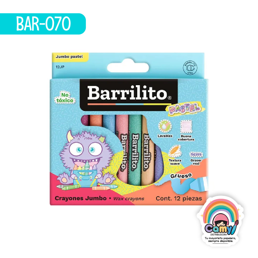 BAR-070 CRAYONES BARRILITO JUMBO PASTEL 12 PIEZAS ACCO