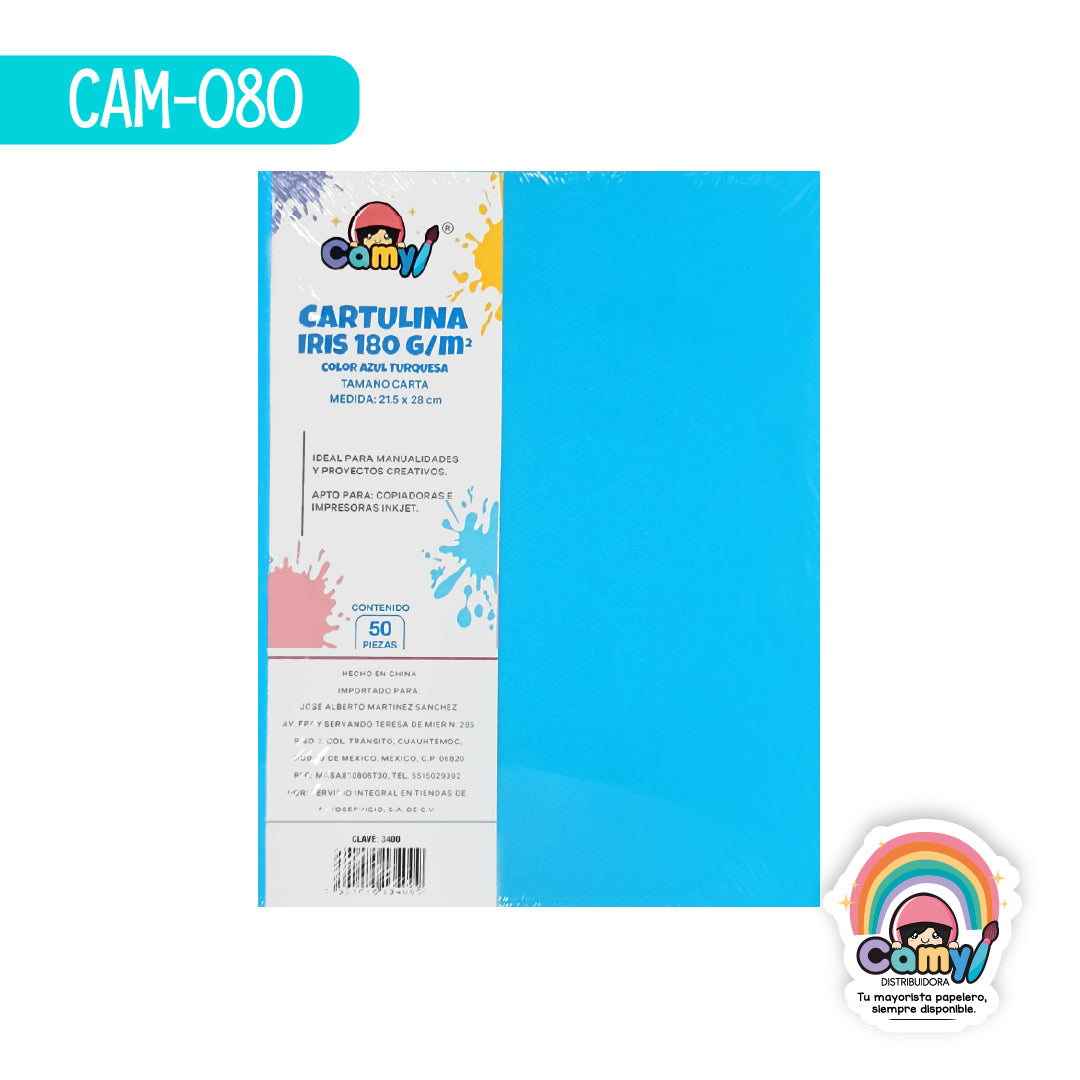 CAM-080 CARTULINA CARTA CAMY AZUL TURQUESA 180GR 50H