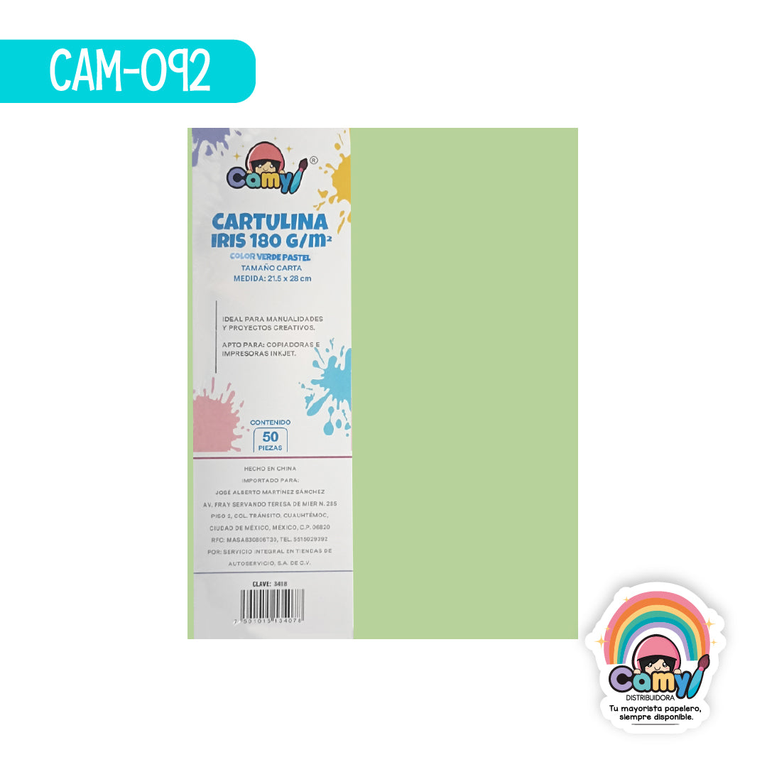 CAM-092 CARTULINA CARTA CAMY PASTEL C VERDE 180GR 50H