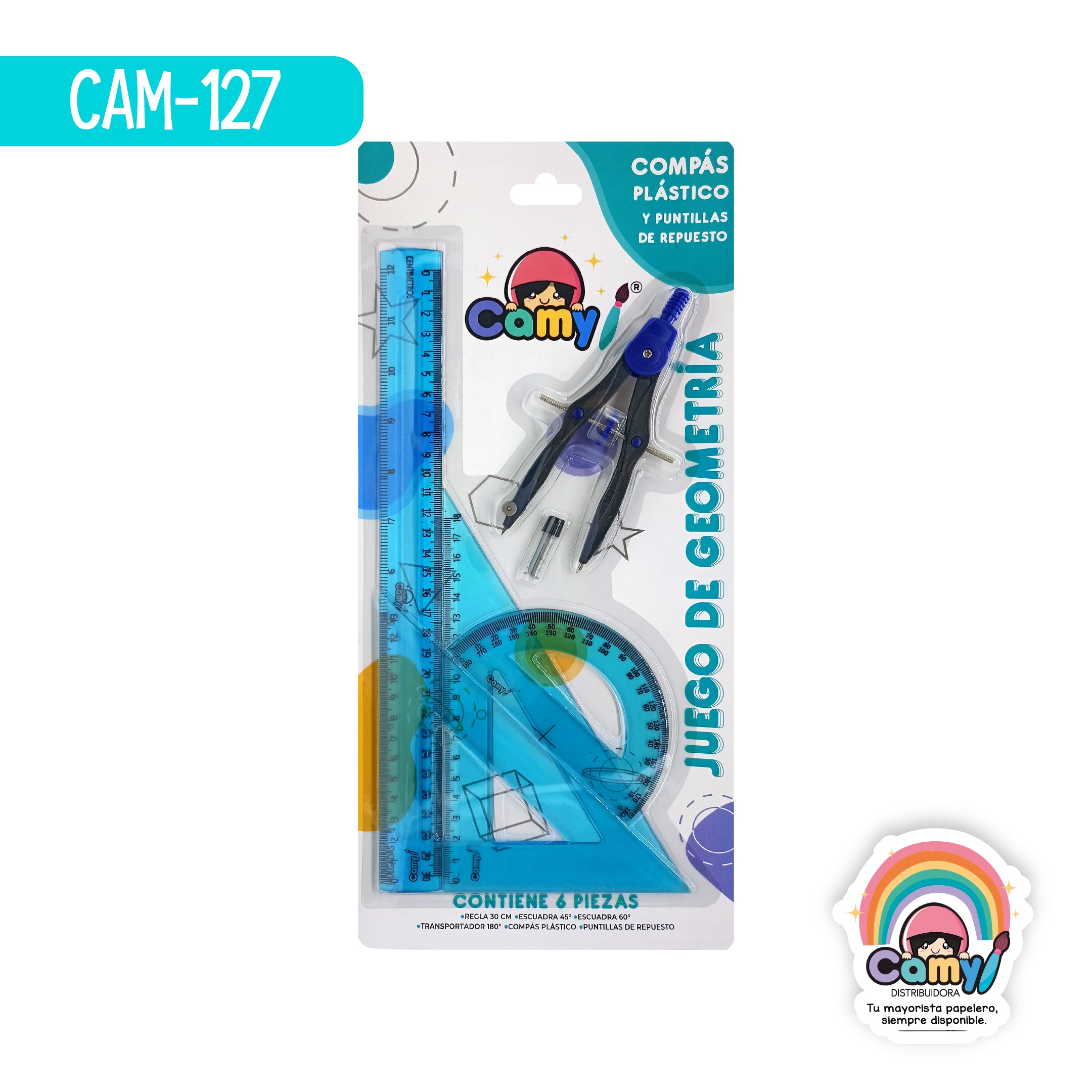 CAM-127 JGO DE GEOMETRIA CAMY DE COLOR C/COMPAS PLASTICO