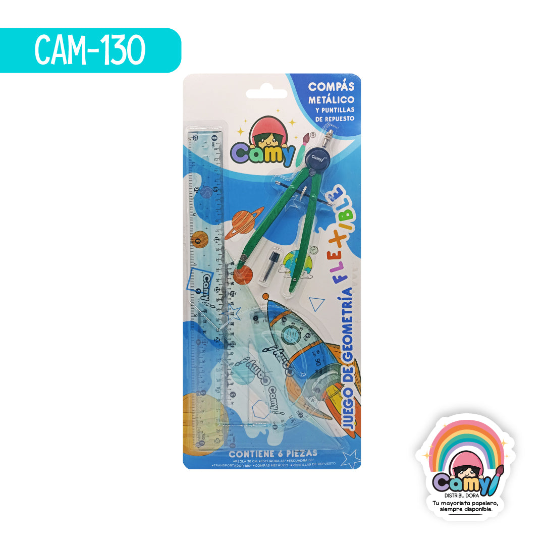 CAM-130 JUEGO DE GEOMETRIA CAMY FLEXIBLE C/COMPAS METALICO