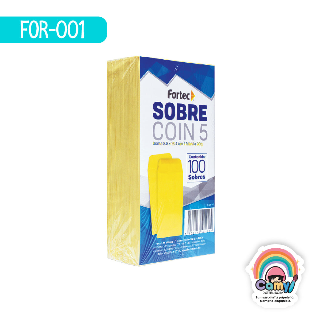 FOR-001 SOBRE COIN 5 8.8X16.4CM MANILA 90G C/100 FORTEC