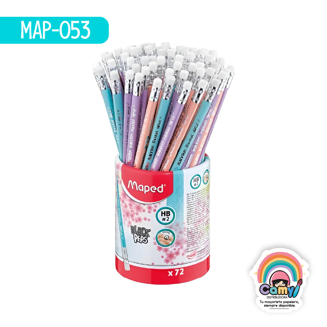 MAP-053 LPZ BLACK'PEPS PASTEL CON GOMA #2 BOTE X72 MAPED