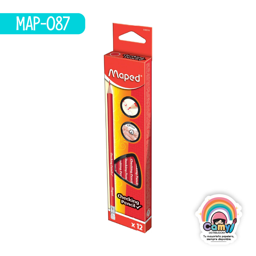 MAP-087 LAPIZ CHECADOR ROJO CON GOMA CAJA X12 MAPED