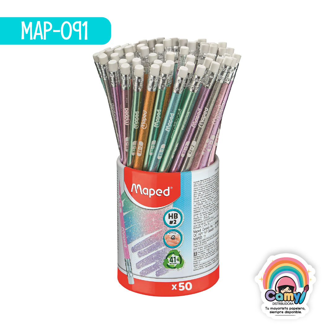 MAP-091 LAPIZ CON GOMA HB GLITTER BOTE X50 MAPED