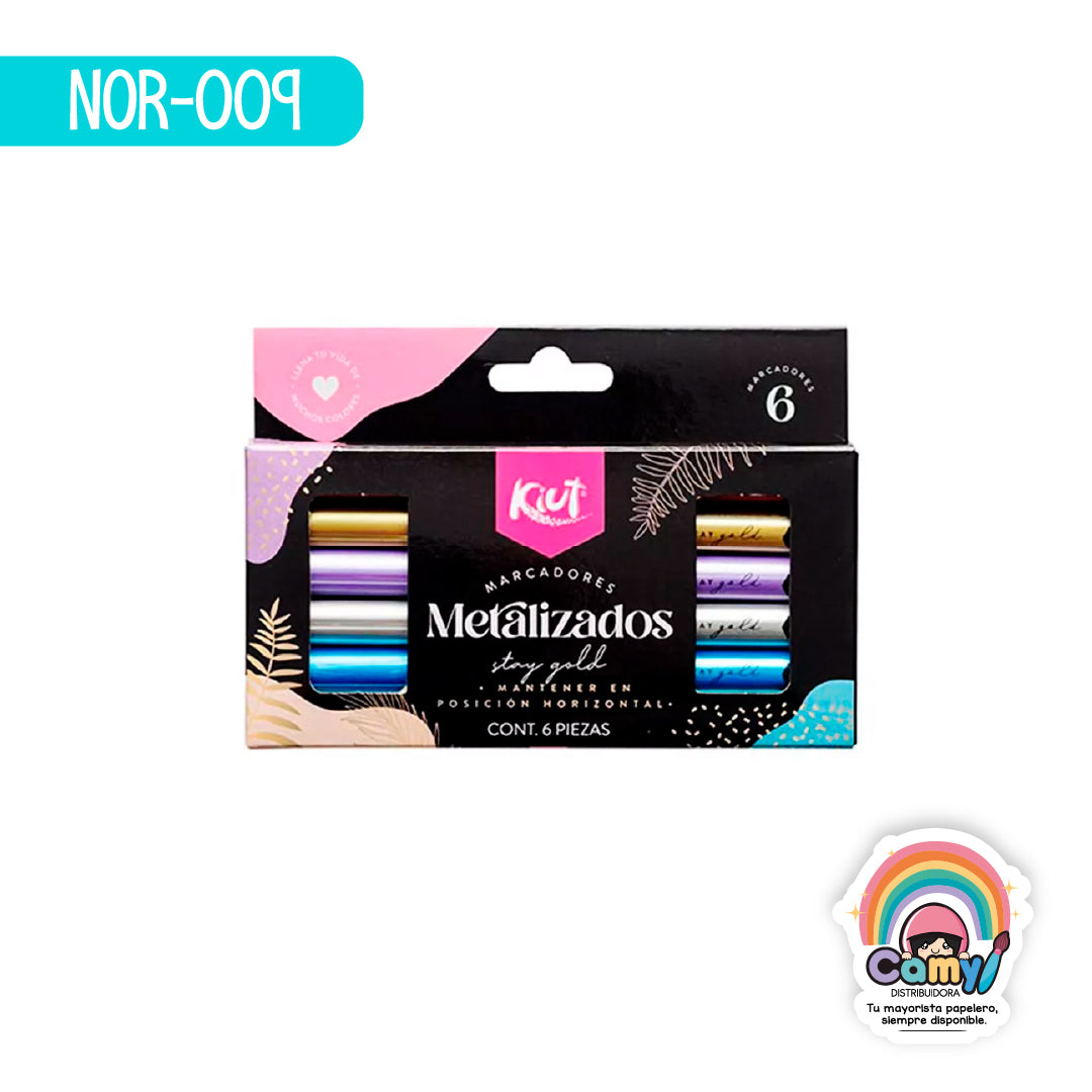 NOR-009 MARCADORES METALIZADOS PUNTA FINA KIUT CAJA X 6