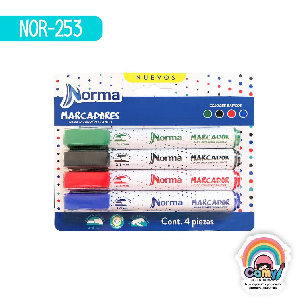 NOR-253 MARCADORES P/PIZARRON C/4 SURT BLISTER NORMA