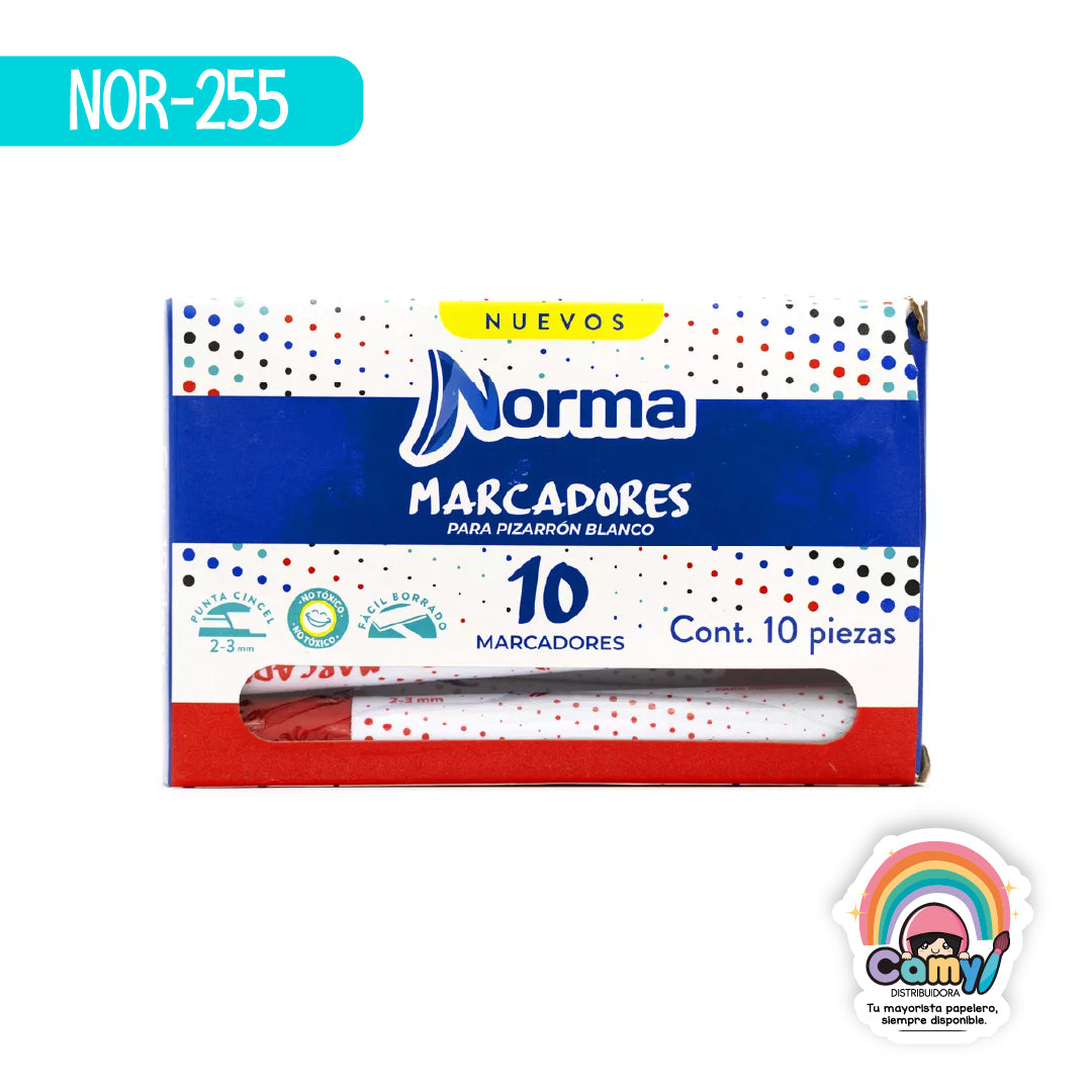 NOR-255 MARCADORES P/PIZARRON ROJO CAJA C/10 NORMA