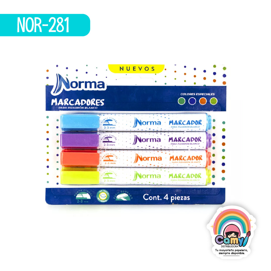 NOR-281 MARCADORES P/PIZARRON X4 COL ESP BLISTER NORMA