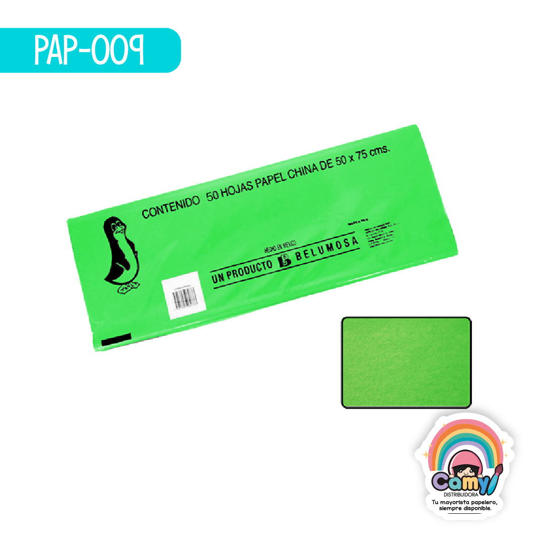 PAP-009 PAPEL CHINA BELUMOSA VERDE LIMON C/100