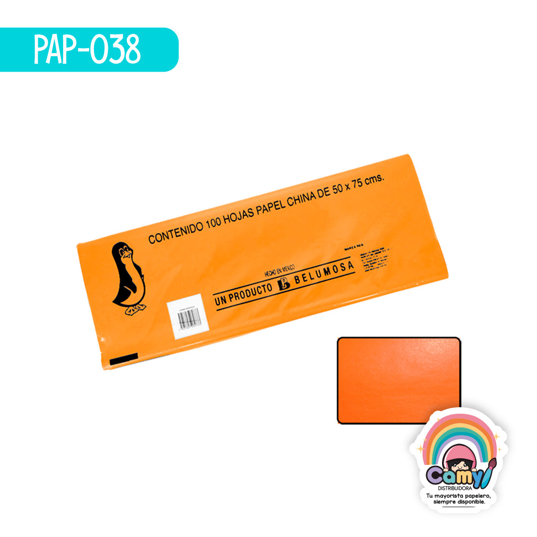 PAP-038 PAPEL CHINA BELUMOSA NARANJA C/100