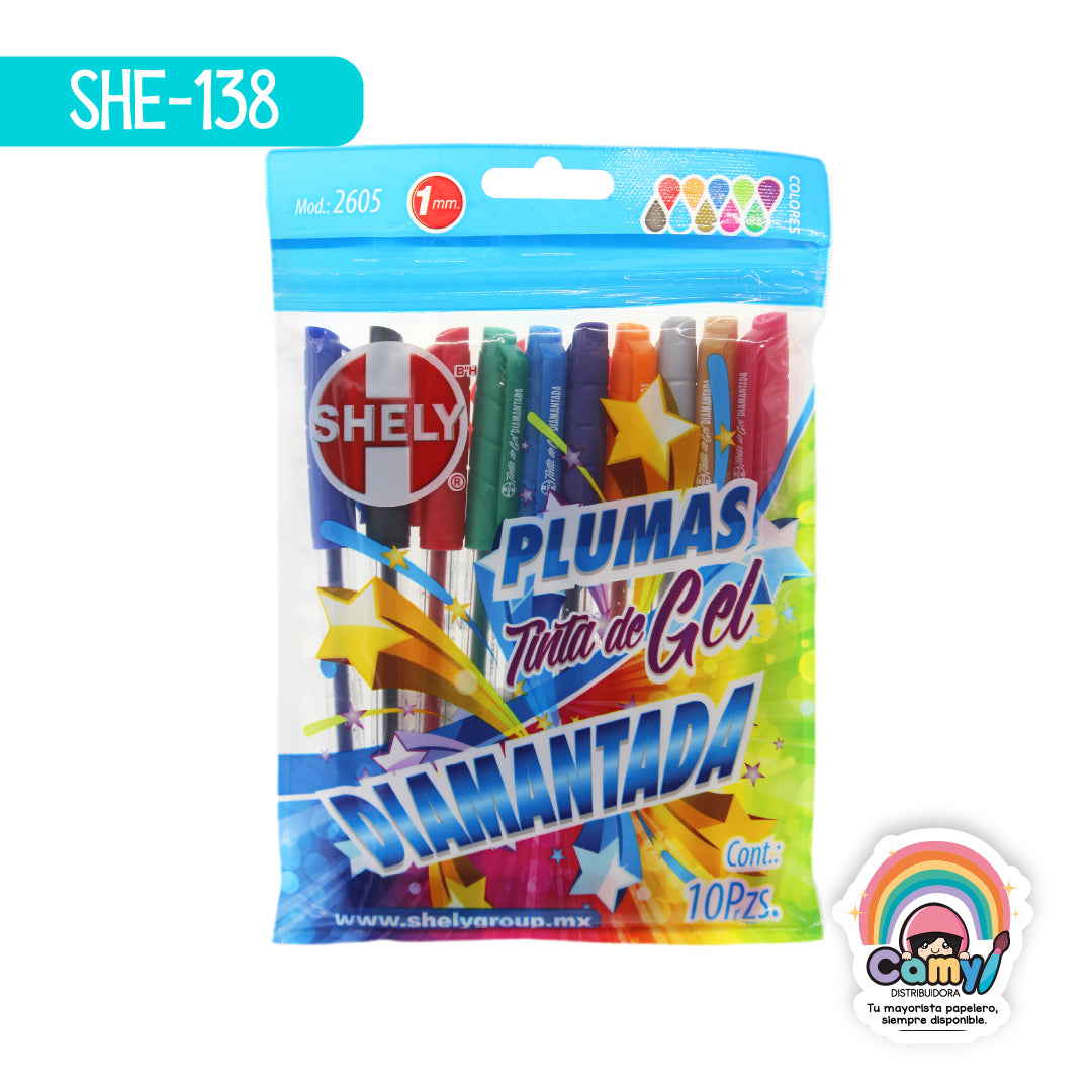 SHE-138 PLUMA DE GEL SHELY DIAMANTADA BOLSA C/10PZ.