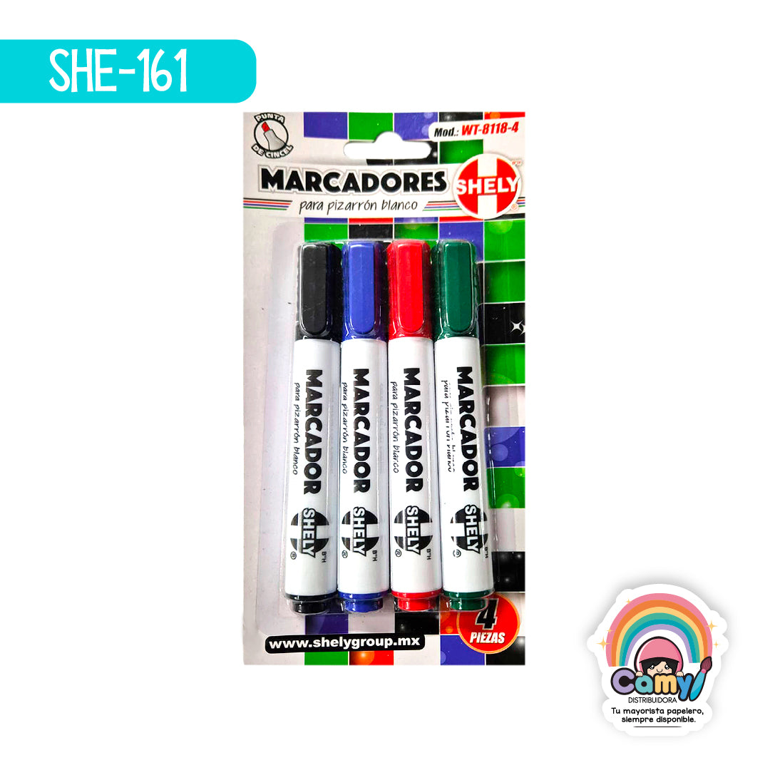 SHE-161 MARCADOR SHELY PARA PIZARRON SET CON 4 PZ