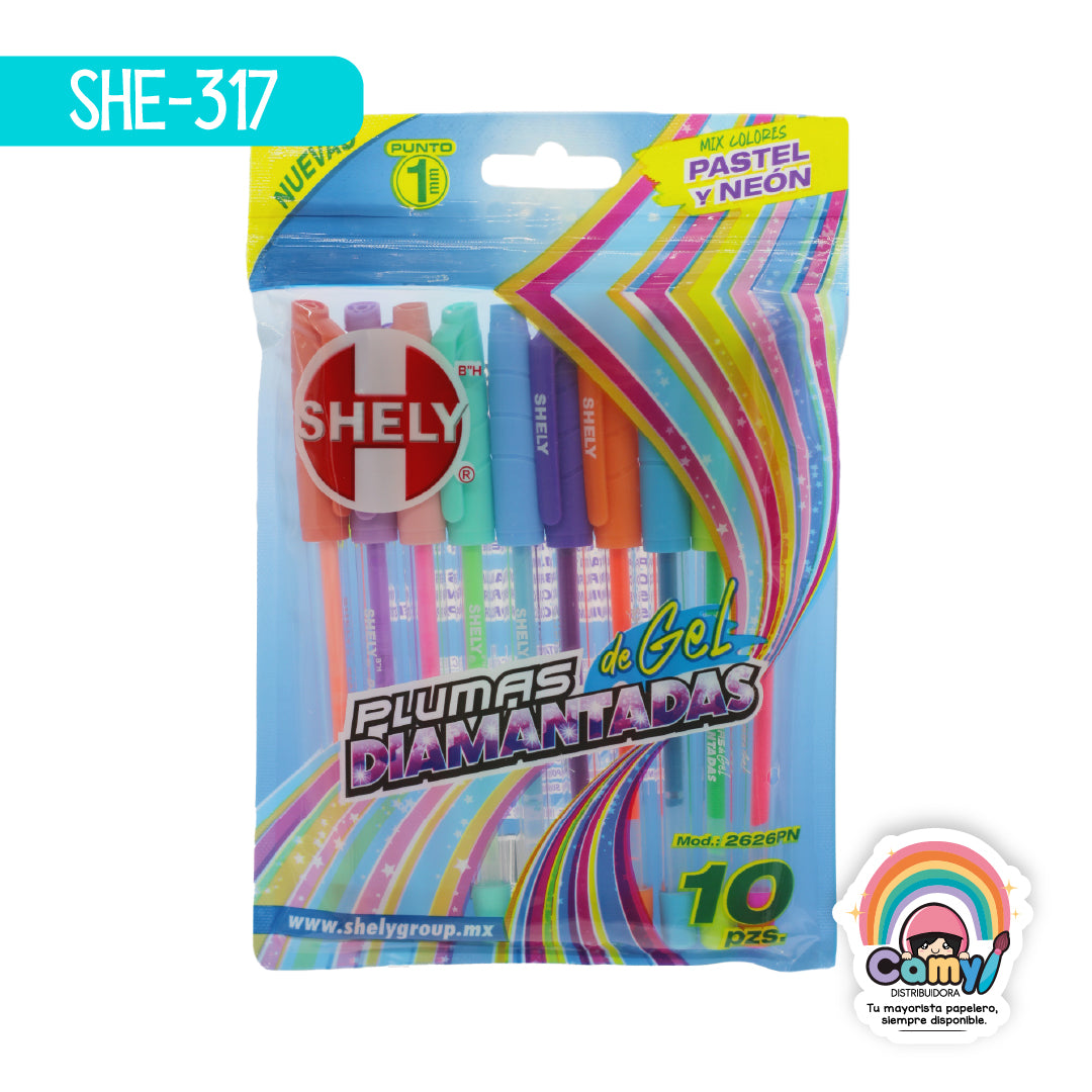 SHE-317 PLUMA DE GEL DIAMANTADA C/10 SHELY