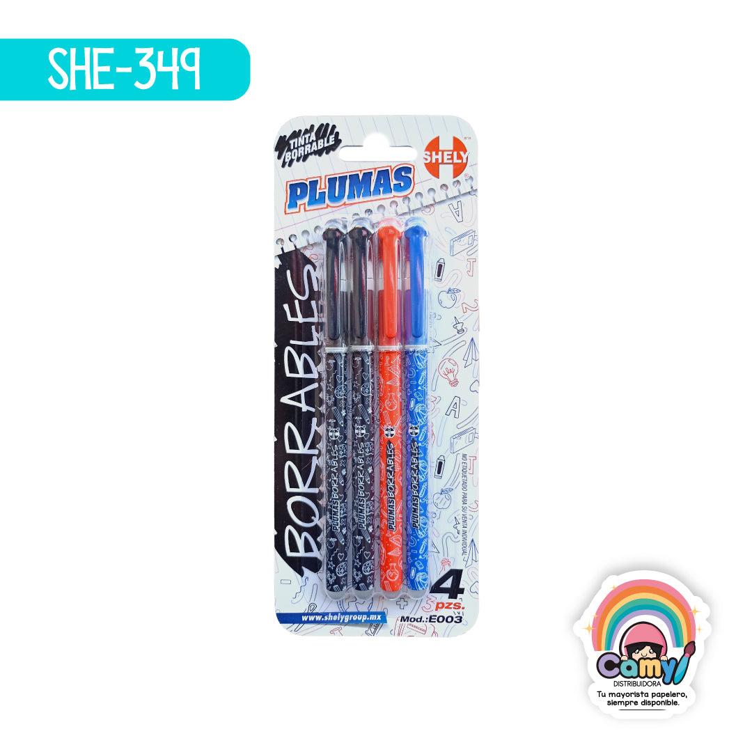 SHE-349 PLUMA TINTA BORRABLE EST C/4 2N 1R 1 A SHELY