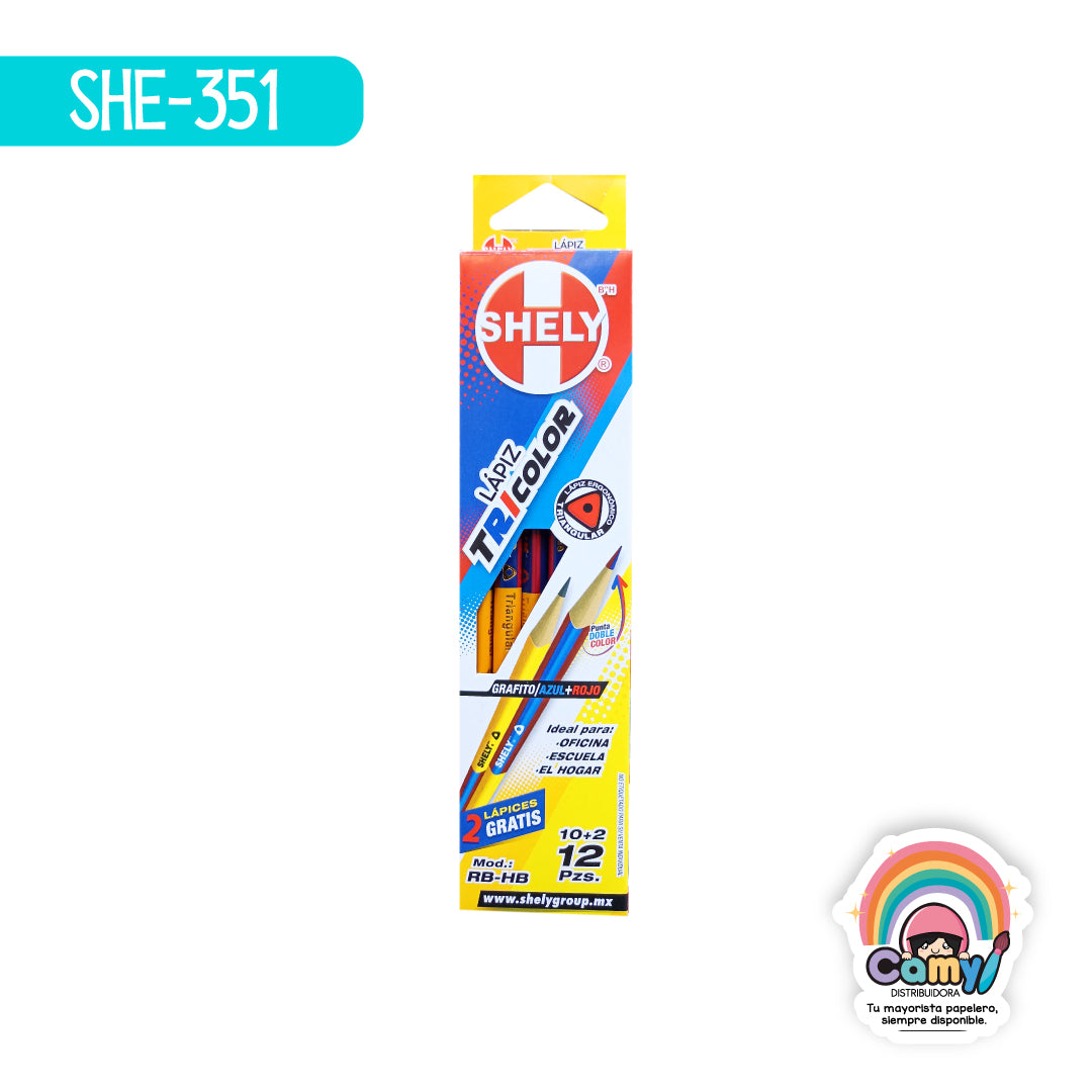 SHE-351 LAPIZ TRICOLOR SHELY C/10 GRAFITO+ROJO+AZUL