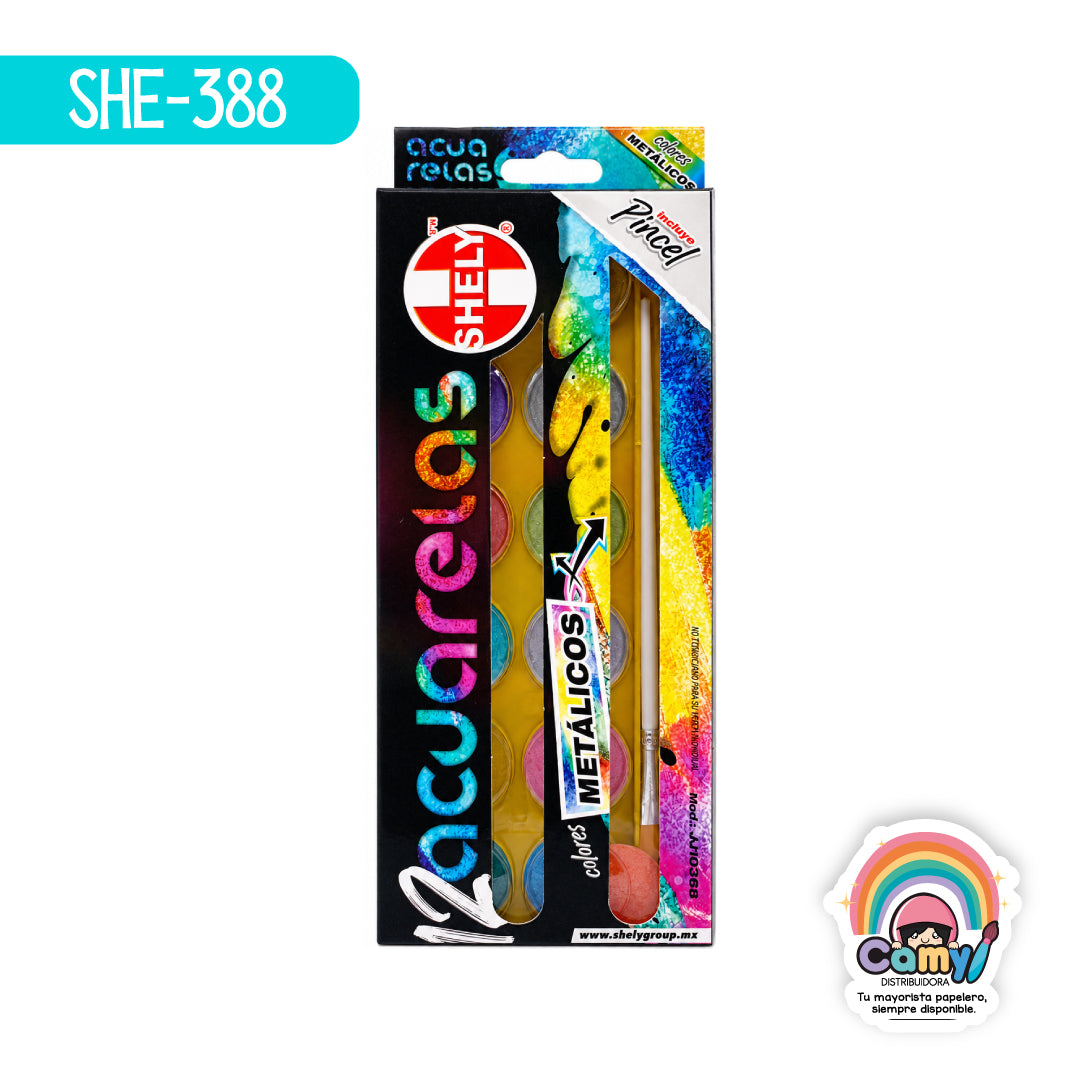 SHE-388 ACUARELA METALICA SHELY  ESTUCHE C/12  C/PINCEL
