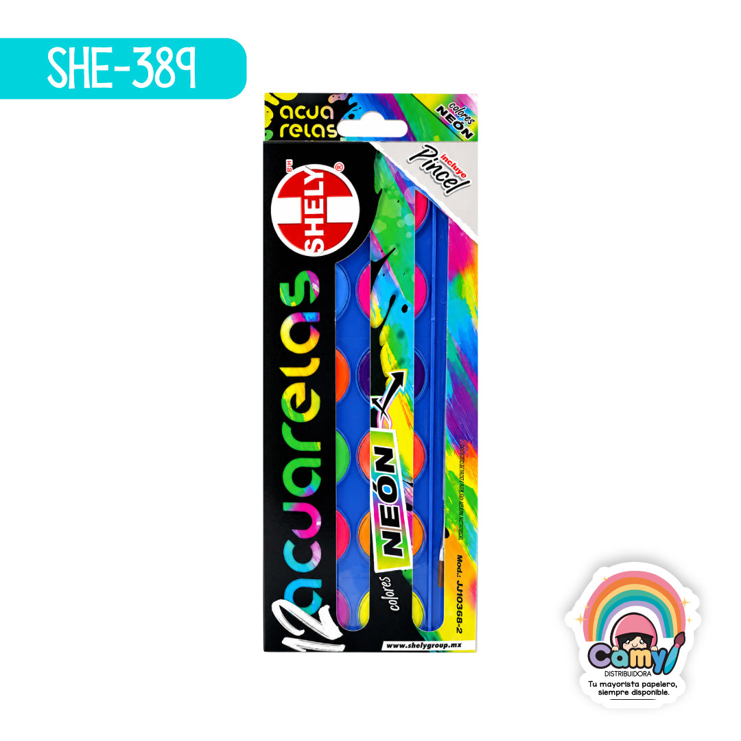 SHE-389 ACUARELA NEON SHELY  ESTUCHE C/12  C/PINCEL