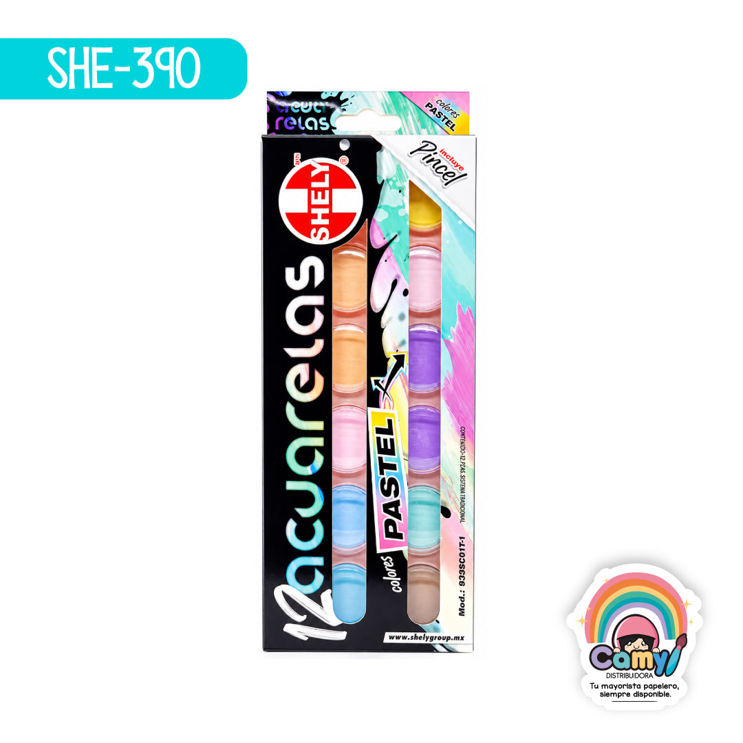 SHE-390 ACUARELA PASTEL SHELY  ESTUCHE C/12  C/PINCEL